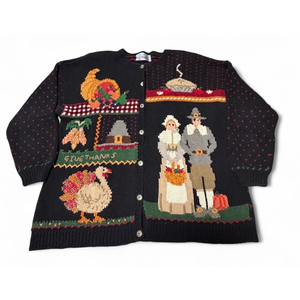Northern Isles Thanksgiving Cardigan Sweater 2X Turkey Pilgrim Black Hand Knit